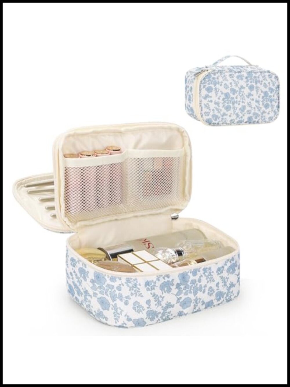 Floral Travel Makeup Bag Nylon Compact Cosmetic Organizer with Handle